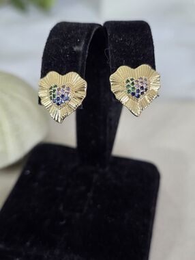 Gold Filled Multi Color Pave Heart Sunburst Stud Earrings Cubic Zirconia